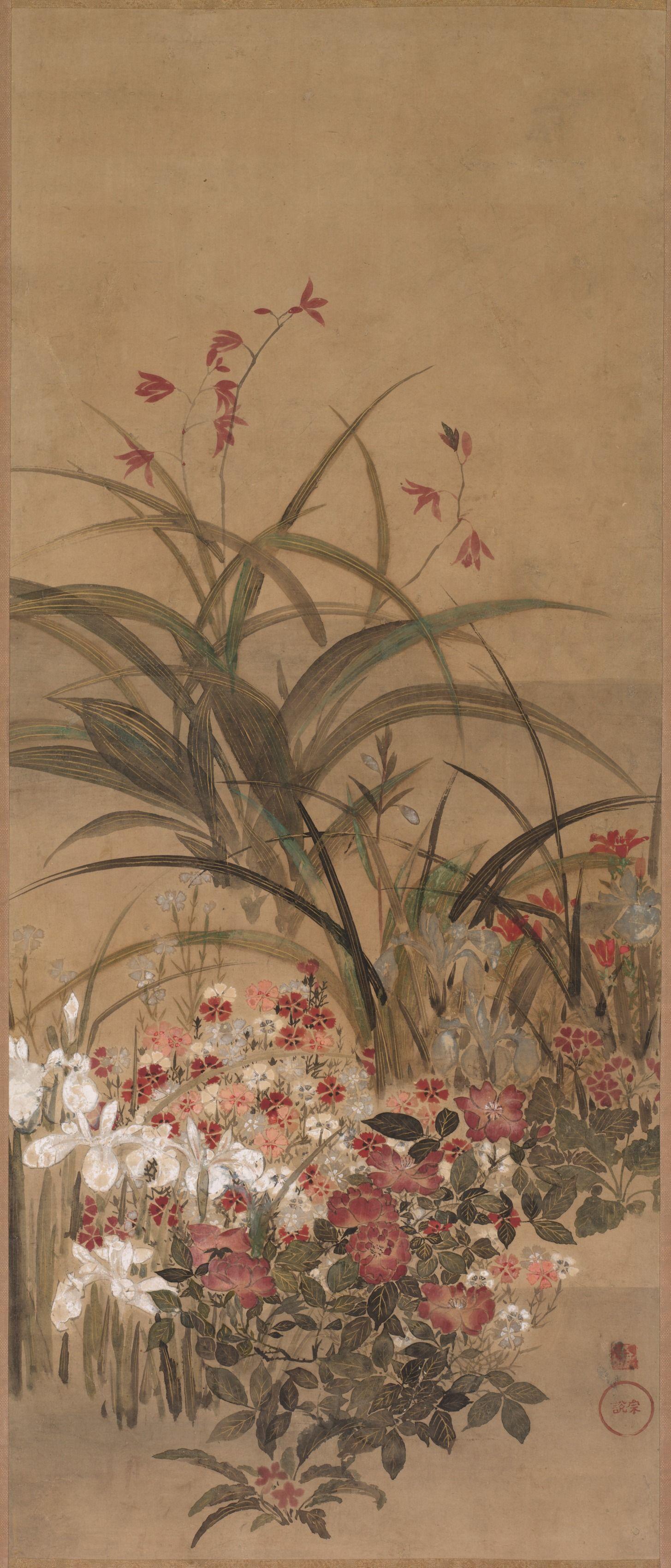 an ancient Japanese painting of summer flowers